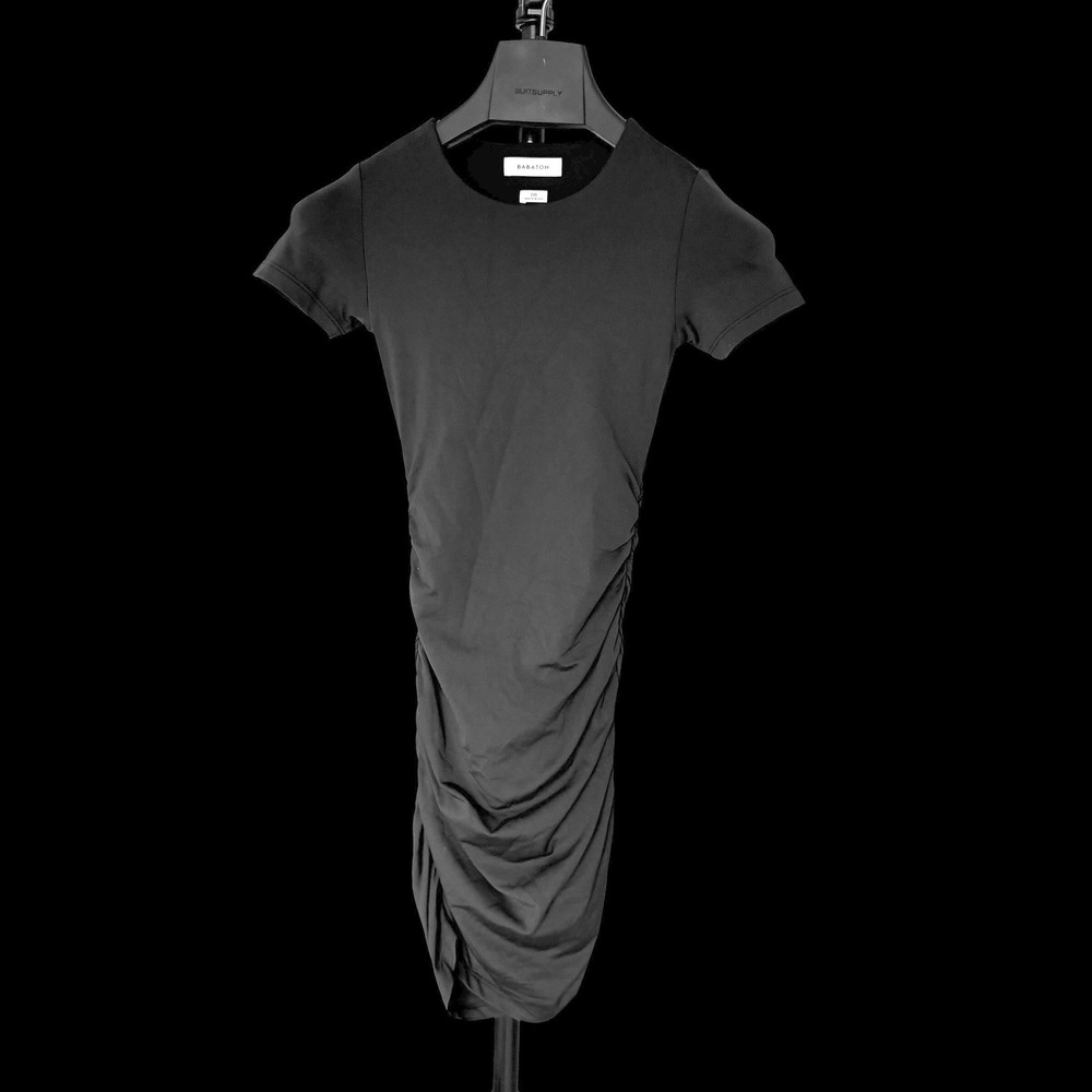 Babaton Black Ruched Short Sleeve Midi Dress Crew Neck 2XS 100166